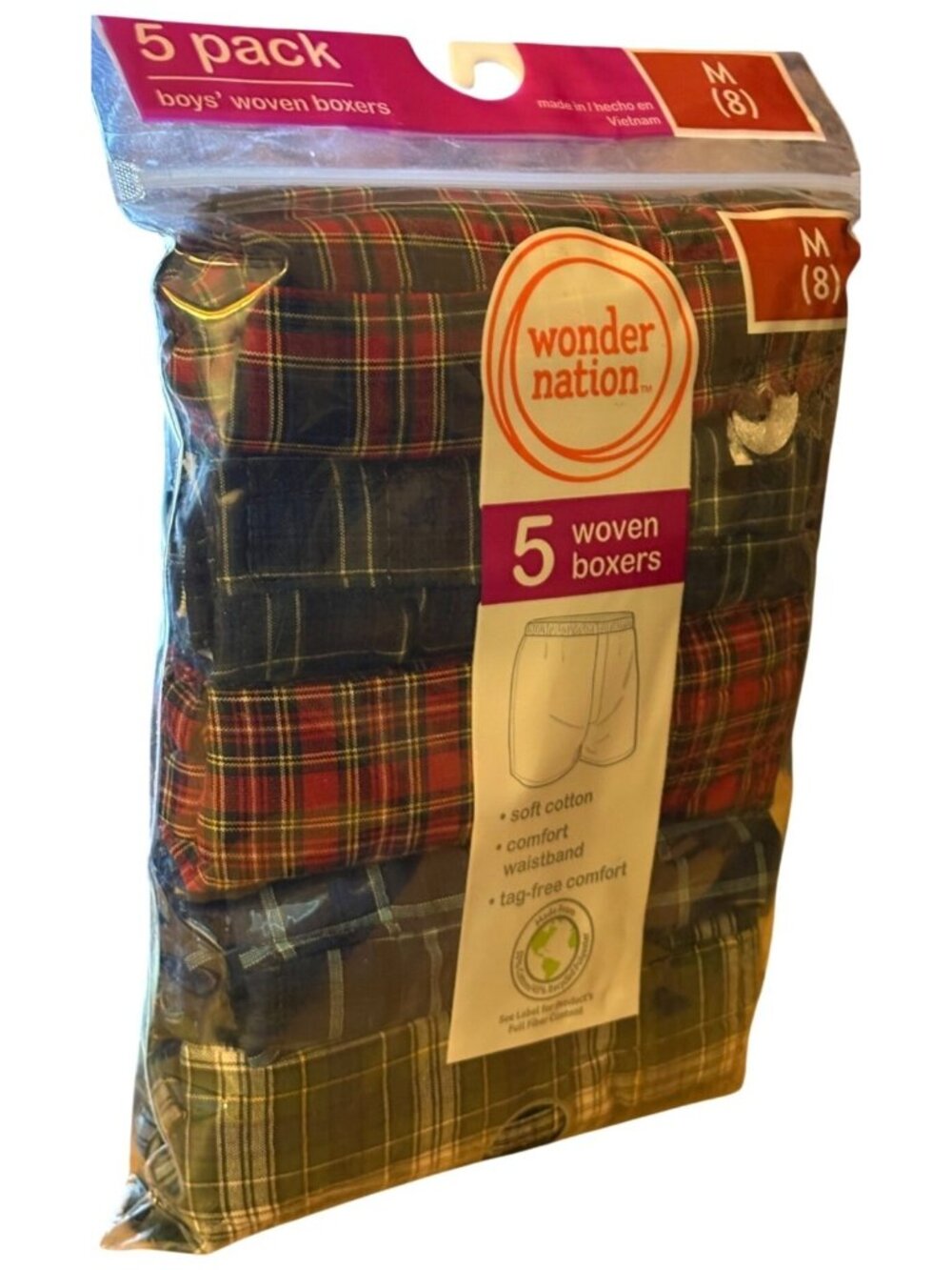 Wonder Nation Boys 5 Pk Plaid Woven Boxers M (8) Waist 23.5-24" Cotton Tag-free